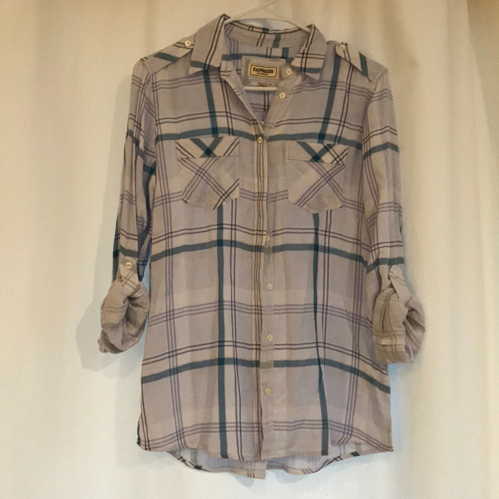 Express Boyfriend Blue/Purple Plaid shirt XS NWT